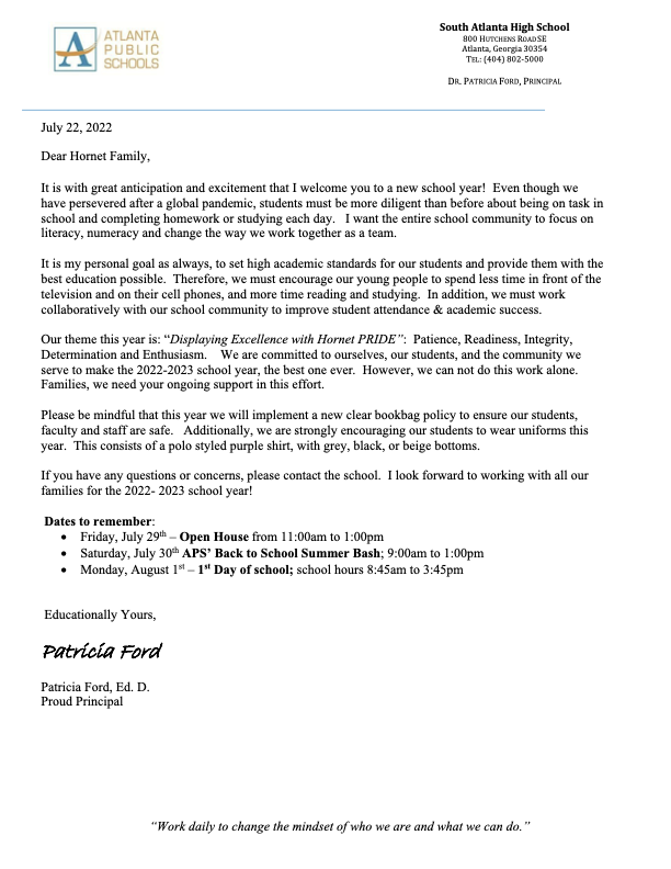 Welcome Back Letter - 2022